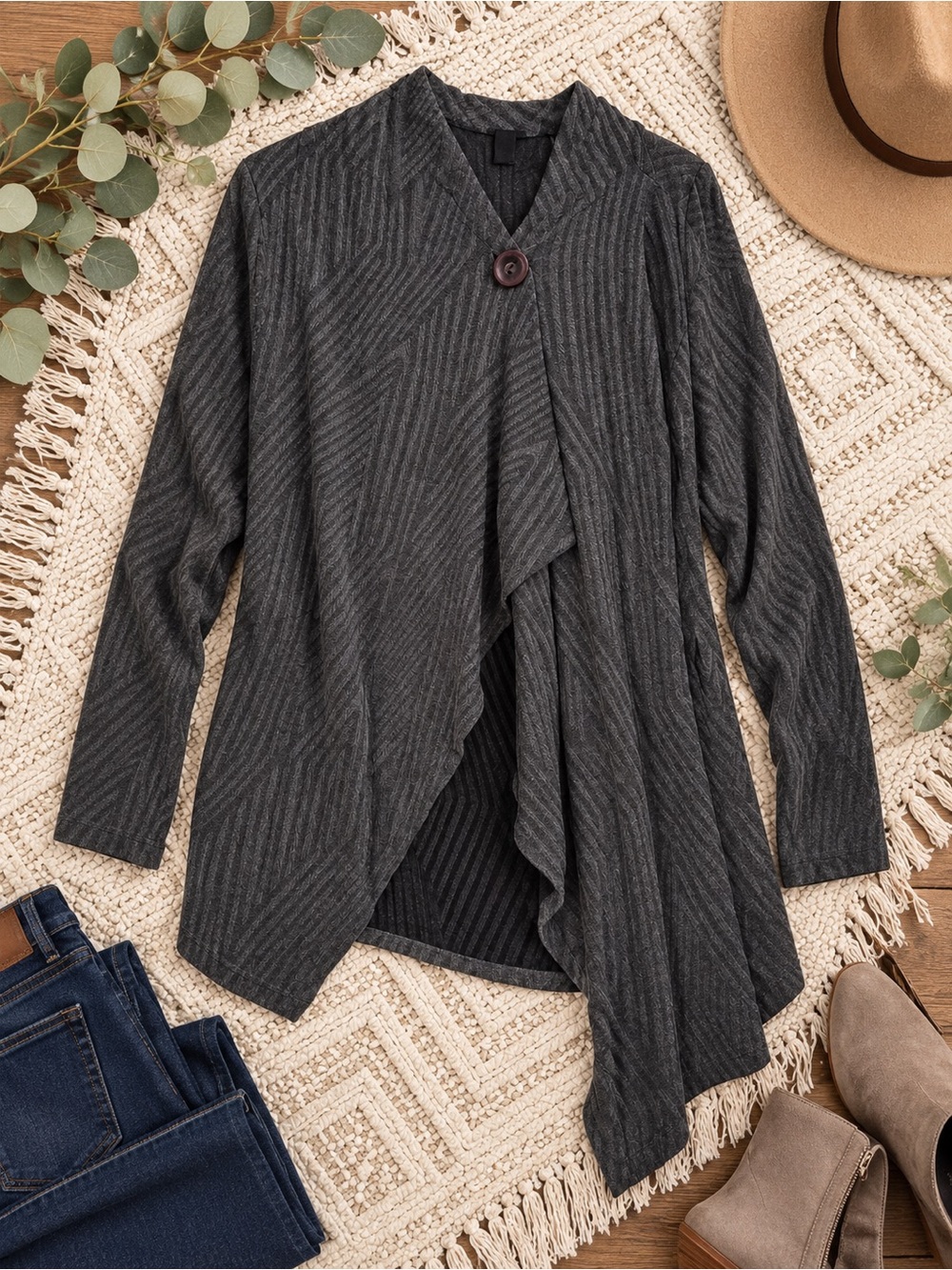 Bobeau One Button Waterfall Cardigan Asymmetrical Wrap 2X Charcoal Gray